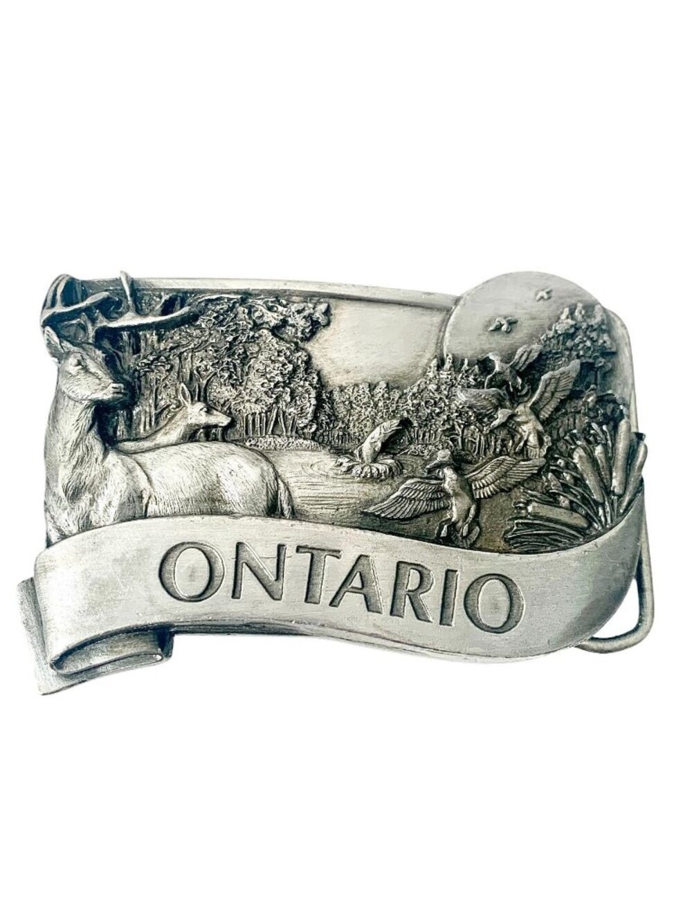 Vintage 3D Pewter Belt Buckle Ontario Provincial Series Wildlife Deer Ducks